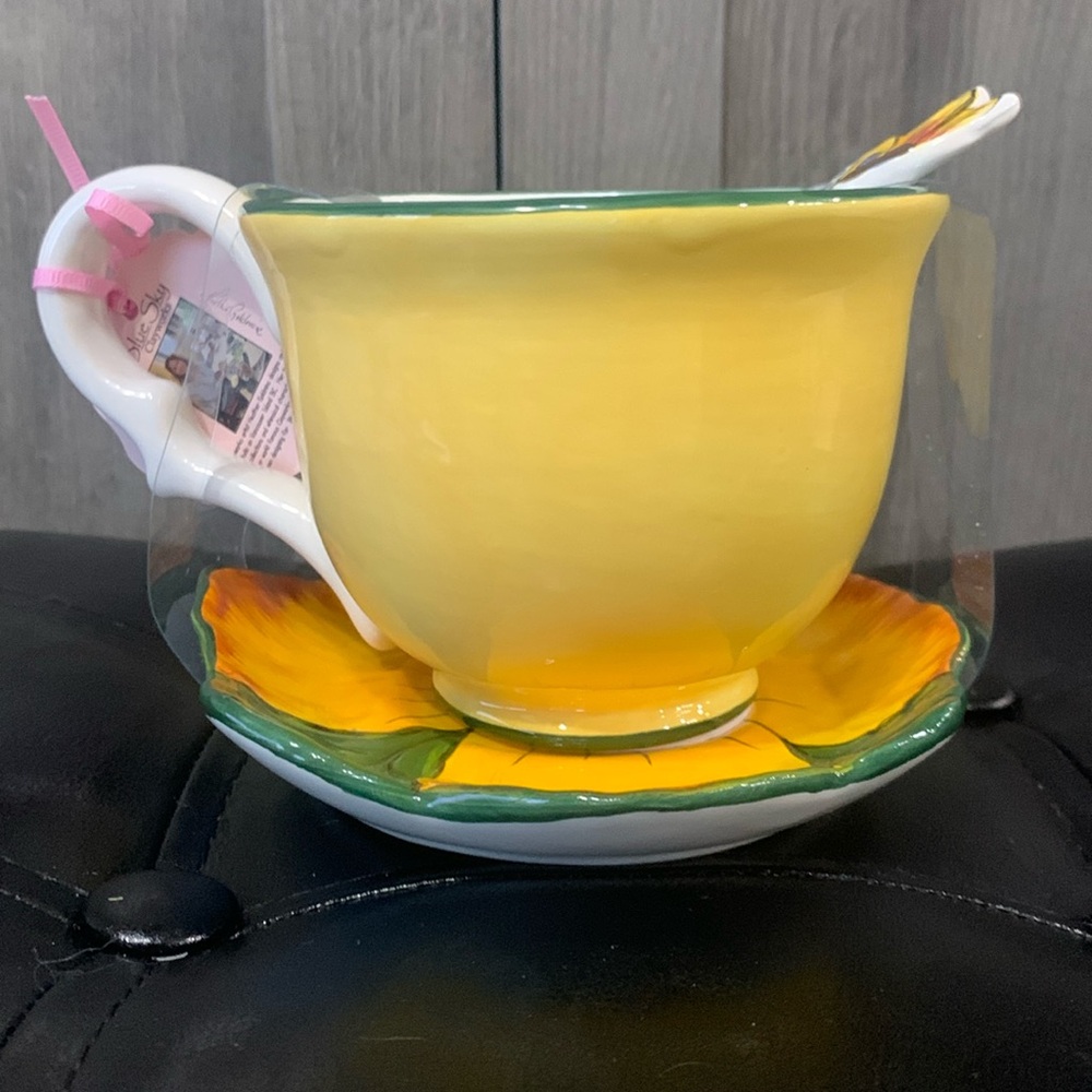 Blue Sky Clayworks Yellow Poppy Teacup, Saucer & Spoon Set Heather Goldminc - Picture 5 of 10